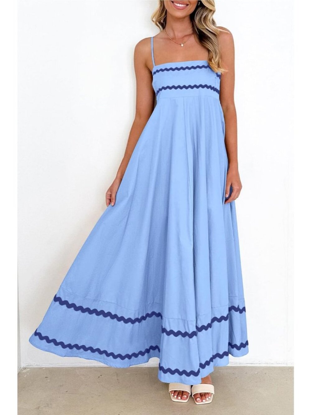 Women's Light Blue Sleeveless Square Neck High Waist Pocket Imported Maxi Dress - Picture 4 of 6